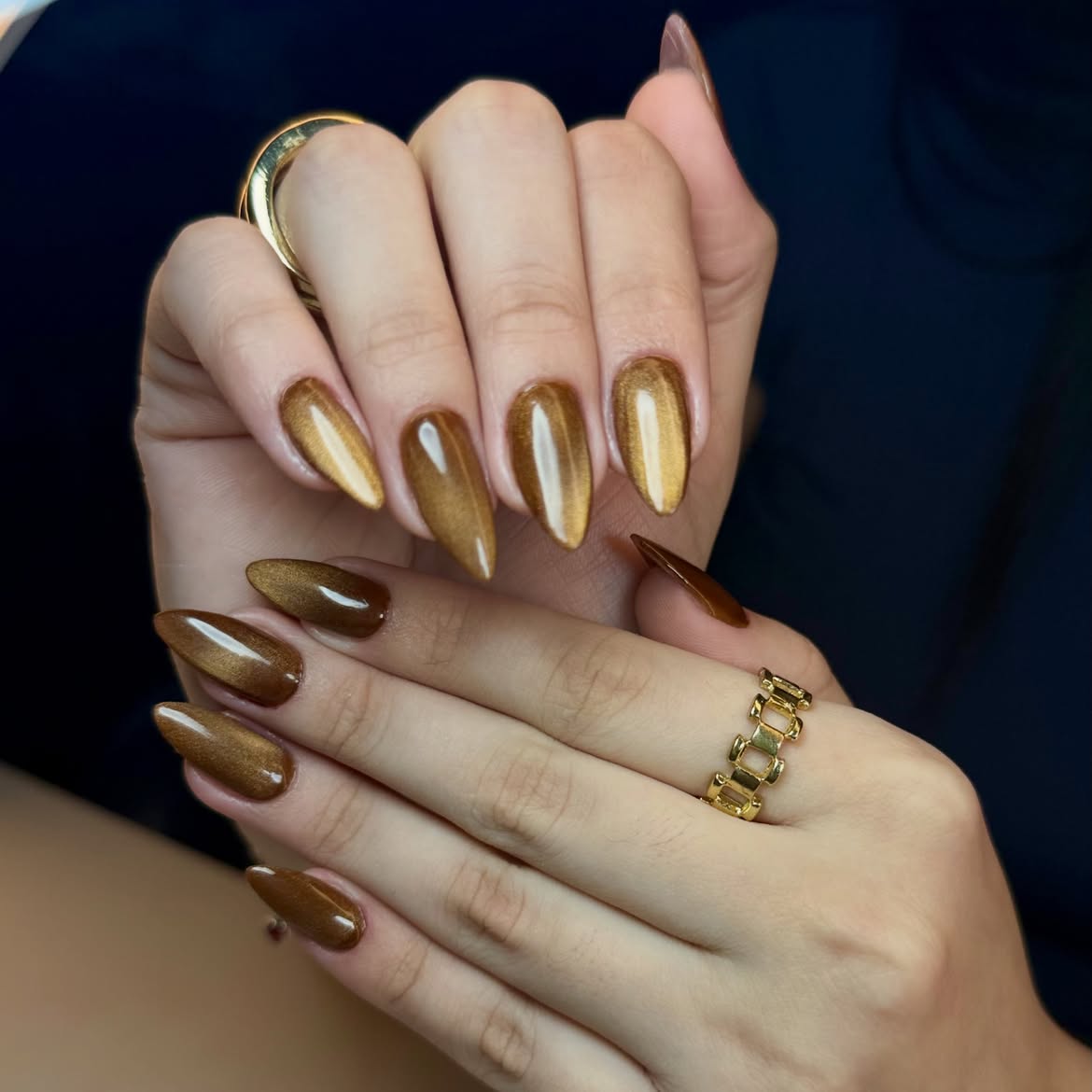Warm Bronze Cat Eye Almond Nails
