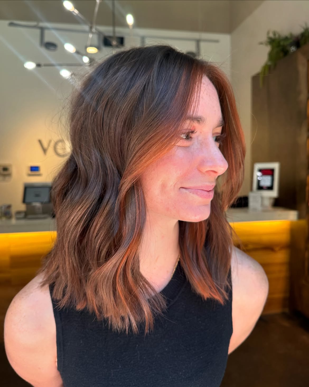 Warm Copper Balayage On Wavy Brunette Lob