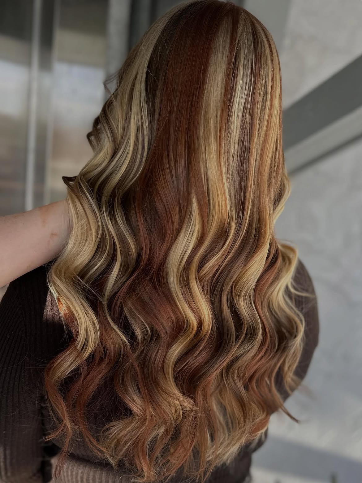 Warm Copper Balayage With Honey Blonde Ribbons