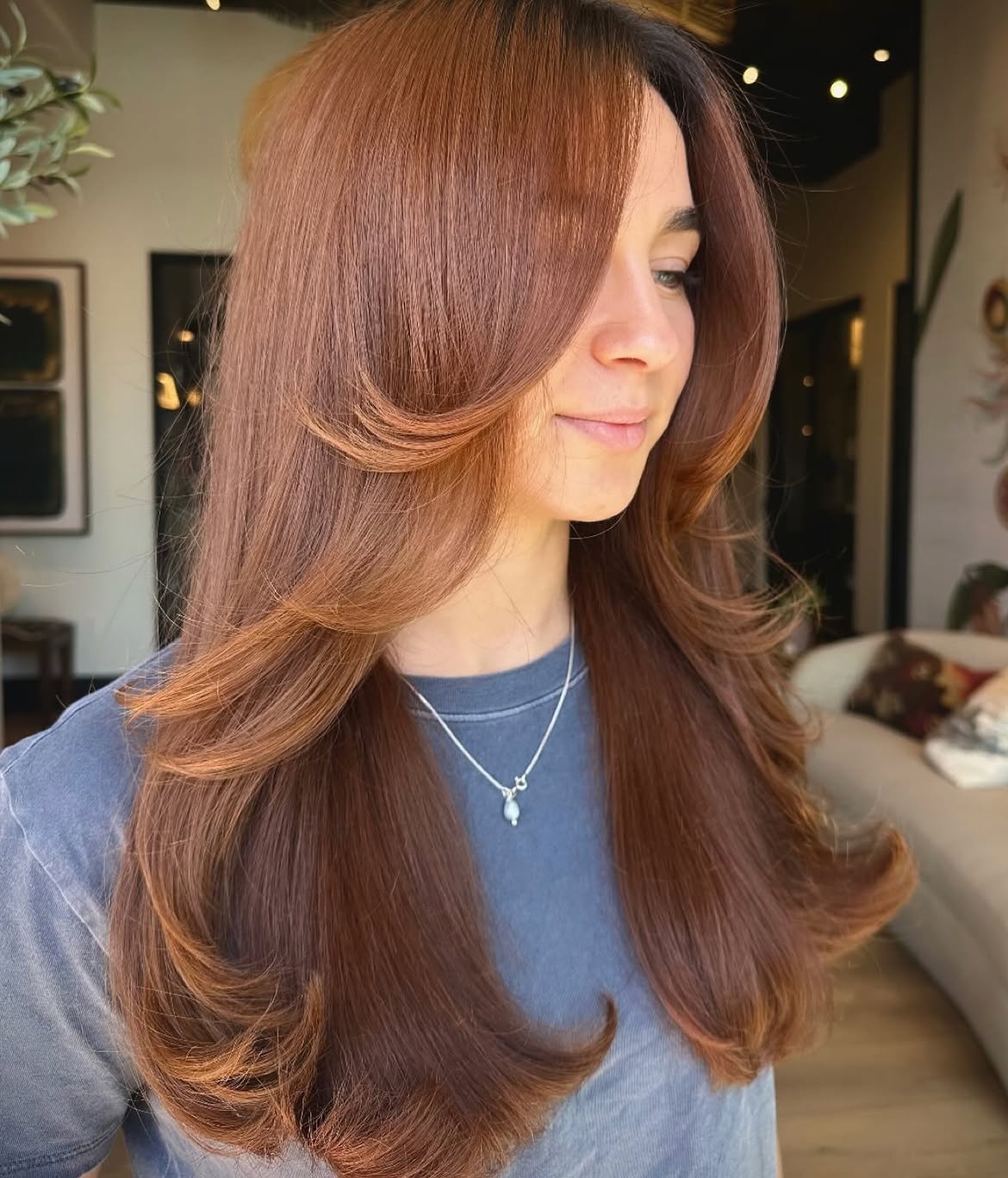 Warm Copper Balayage With Soft Face-Framing Layers