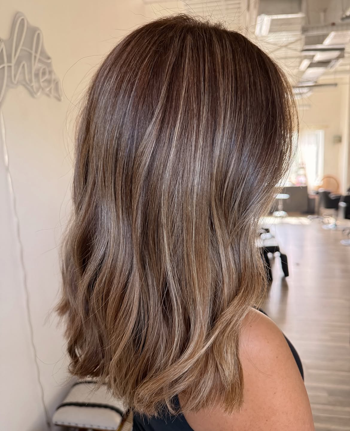 Warm Honey Balayage On Textured Brown Lob