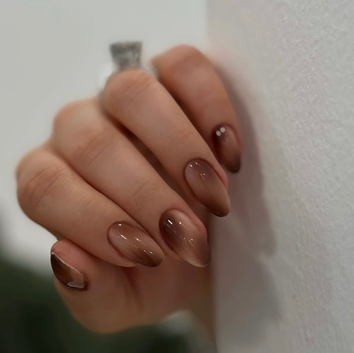 Warm Mocha Ombre Almond Nails With Glossy Finish