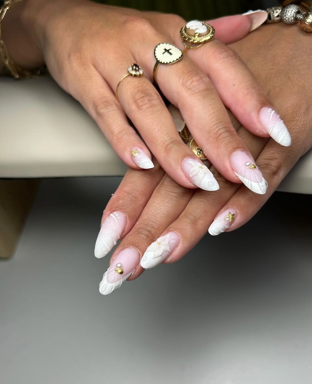White Petal French Tip Almond Nails