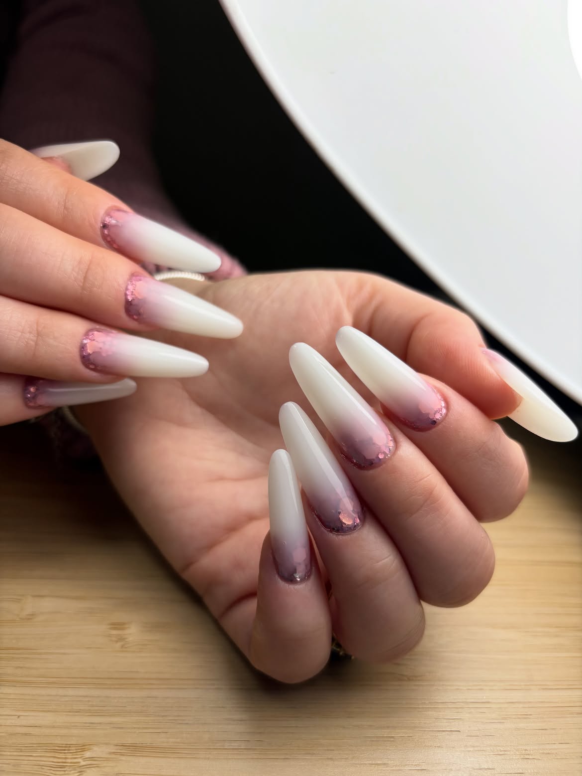 White Pink Ombre Glitter Almond Nails