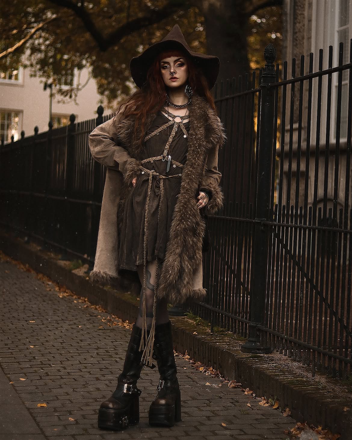 Witchy Brown Lace Up Dress With Fur Trimmed Coat