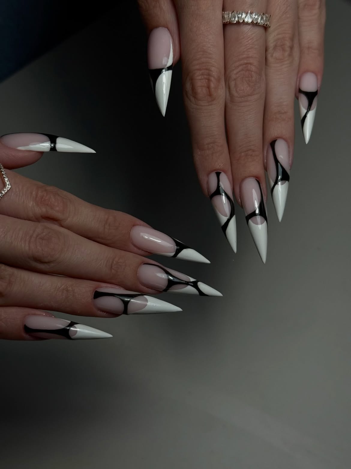 Abstract Black and White Stiletto French Tip Nails