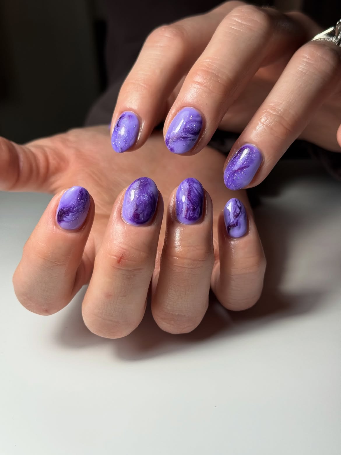 Amethyst Marble Swirl Nails With Glitter