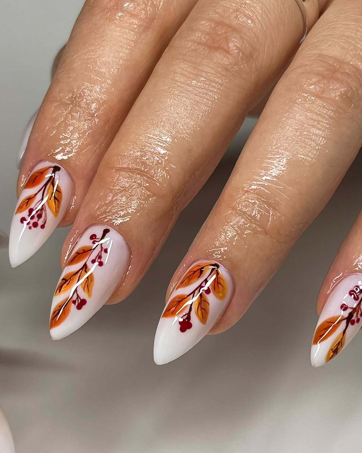 Autumn Berry Branch White Stiletto Nails