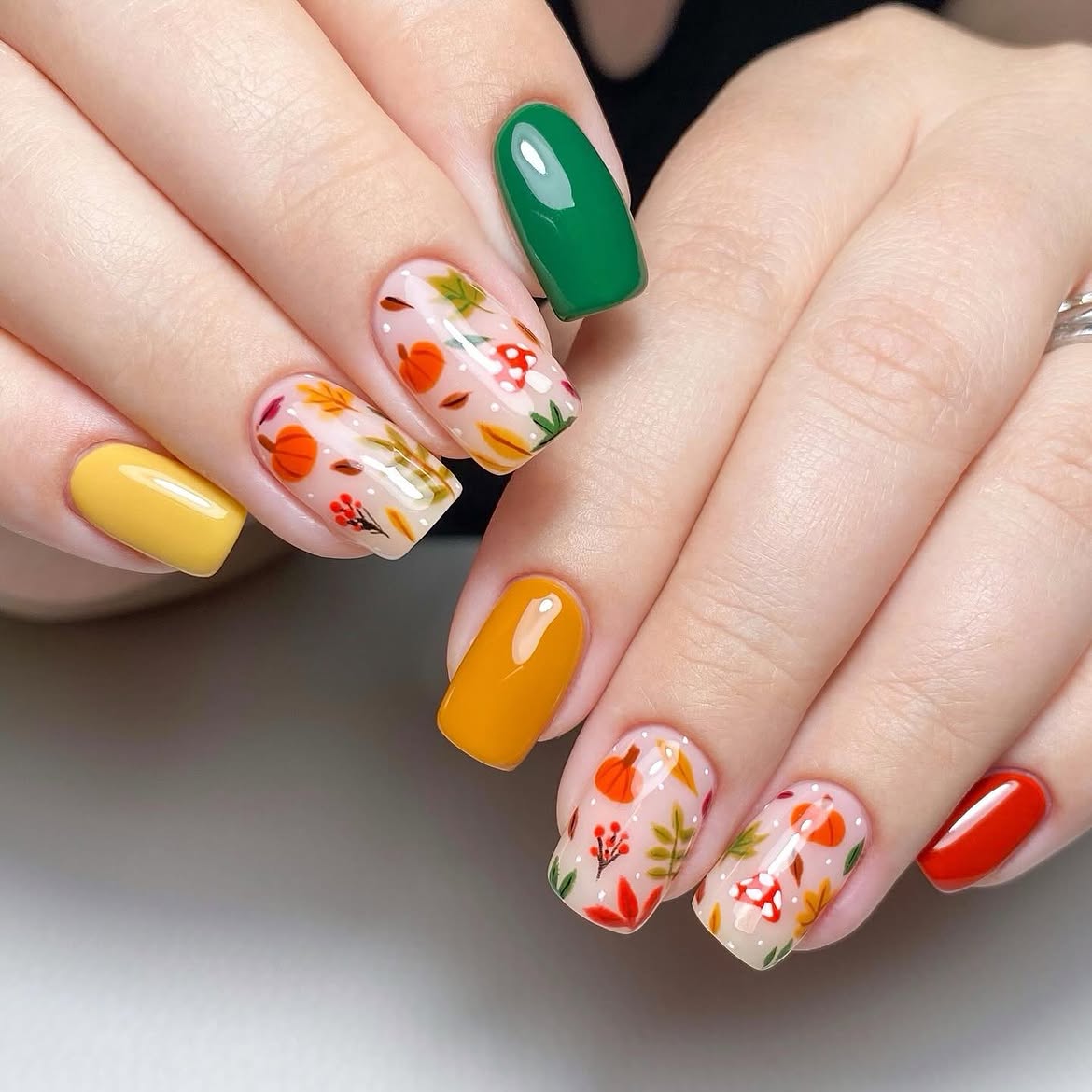 Autumn Harvest Pumpkin and Leaf Nail Art