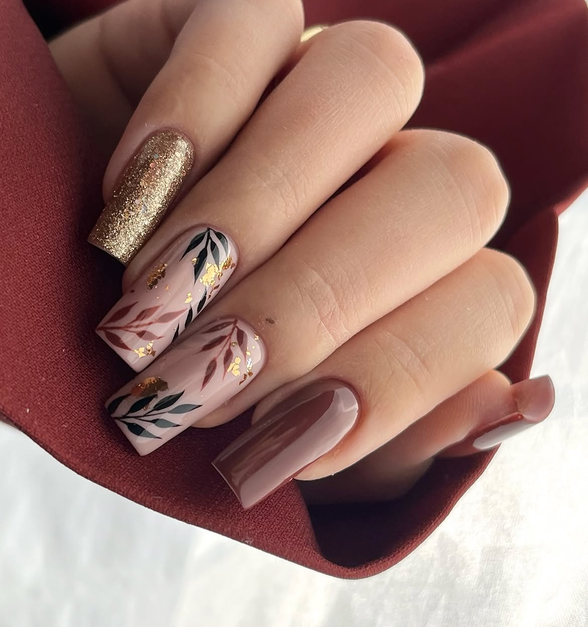 Autumn Leaf Matte & Glitter Square Nails