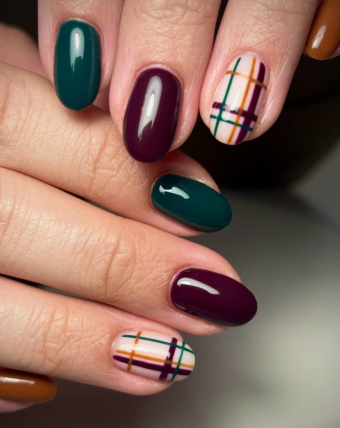 Autumn Plaid Oval Nails With Deep Jewel Tones