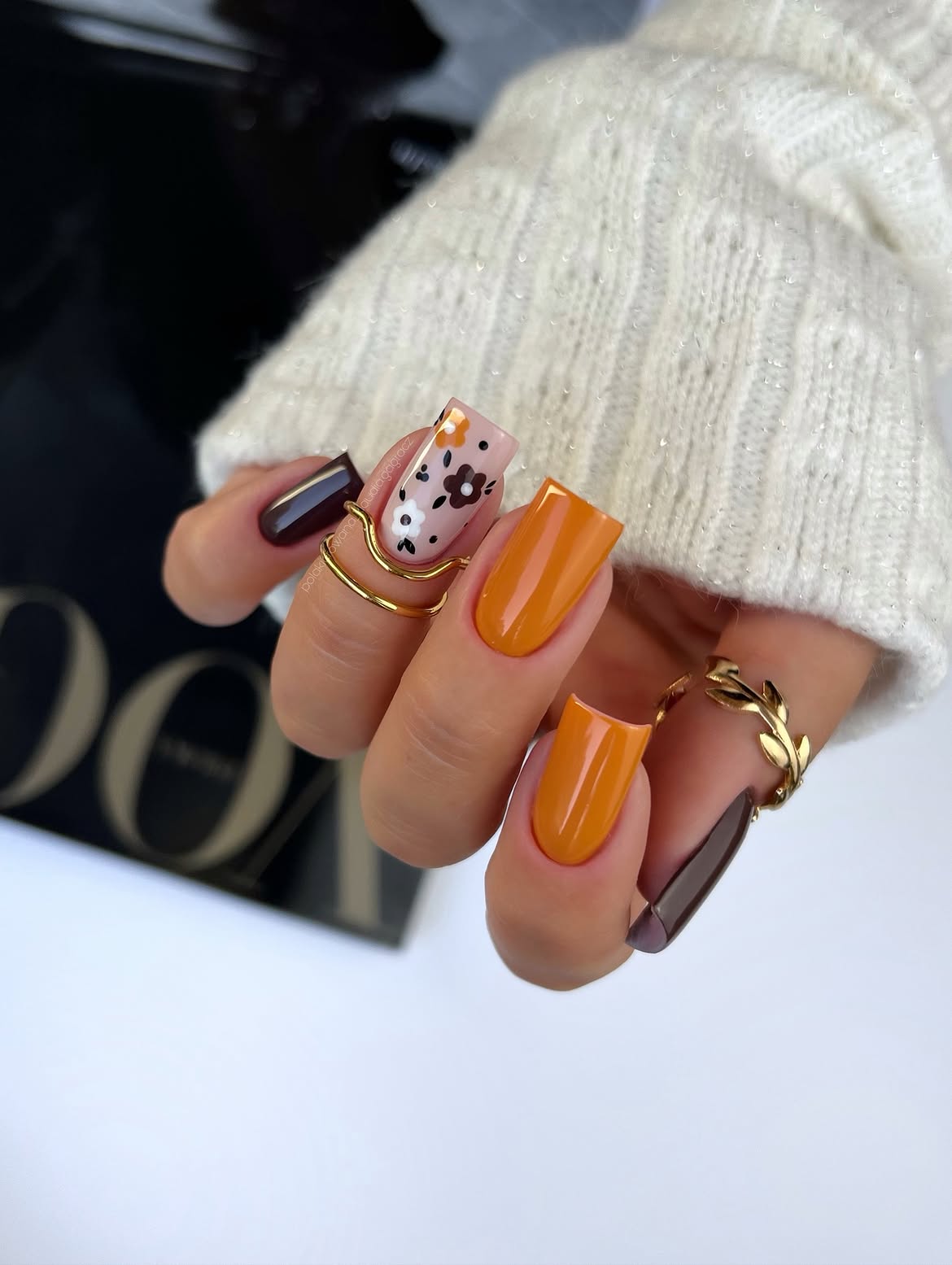 Autumnal Floral & Pumpkin Spice Square Nails