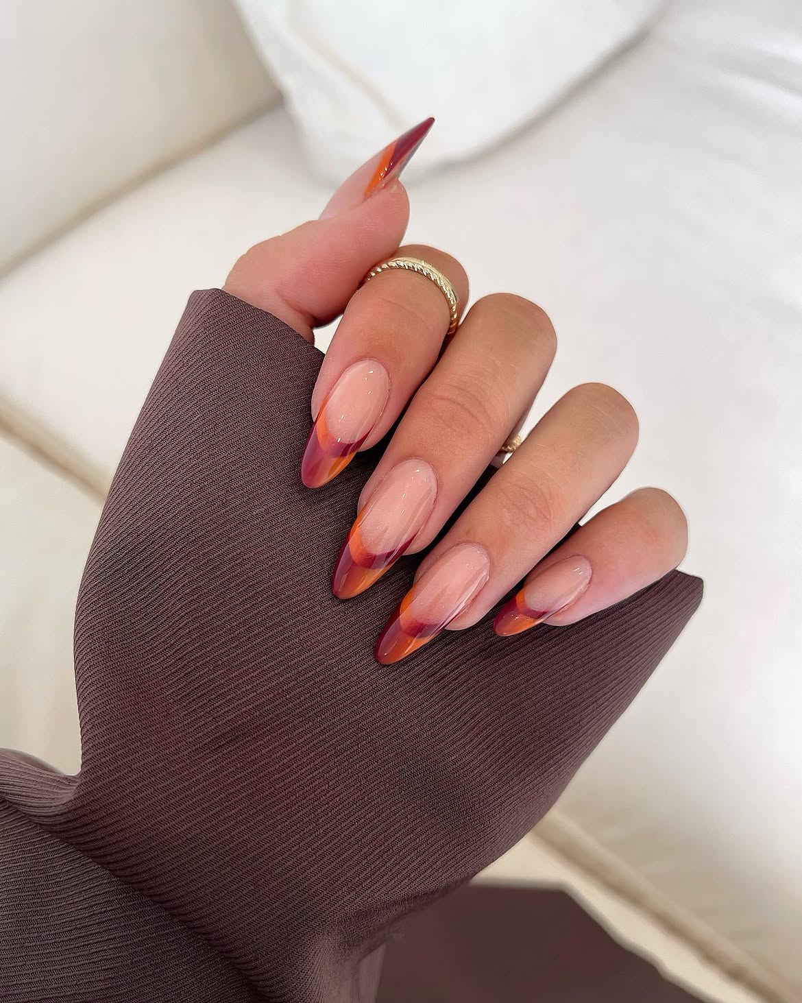 Autumnal Gradient French Tip Almond Nails