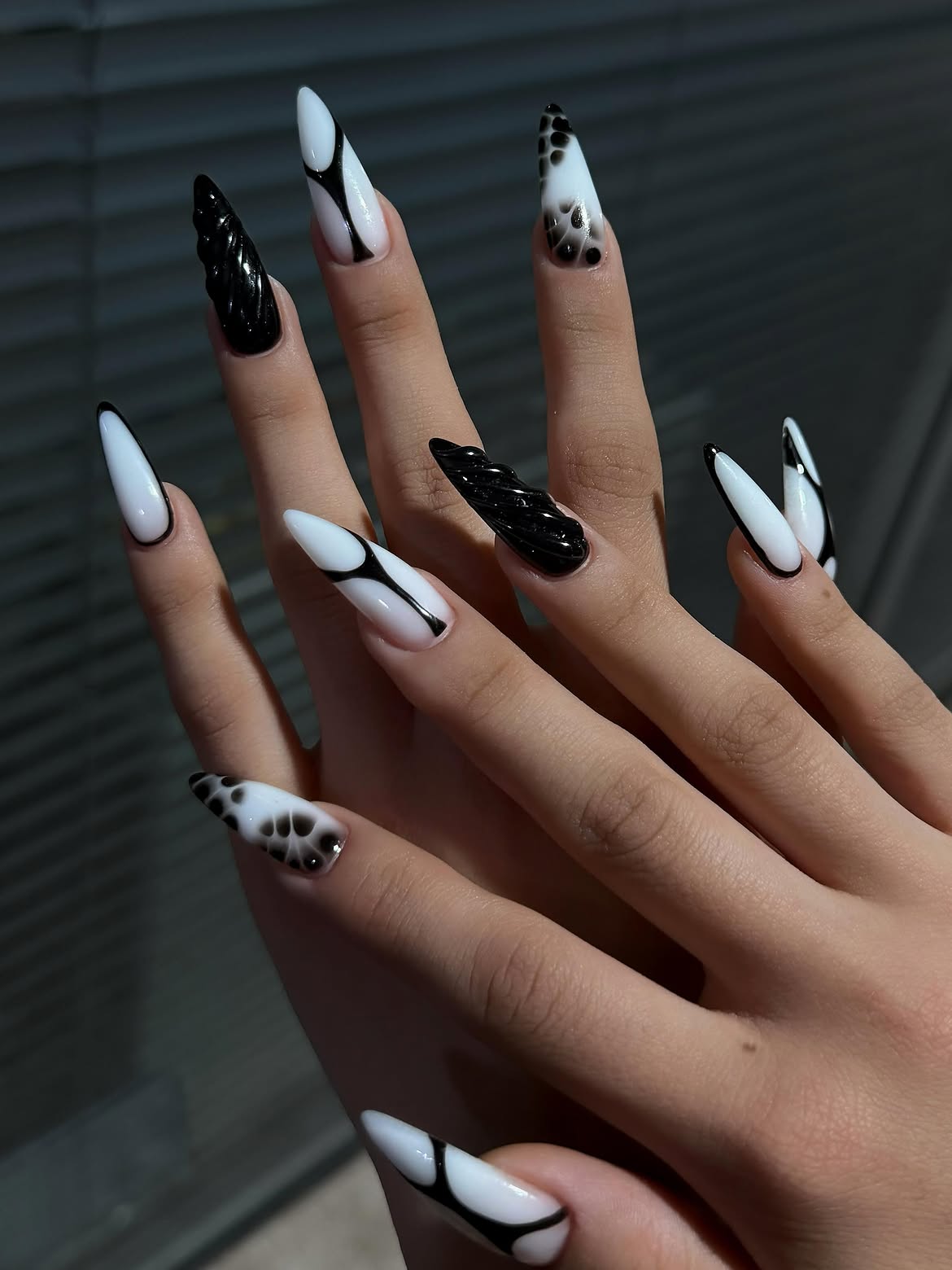 Black and White Abstract Swirl Stiletto Nails