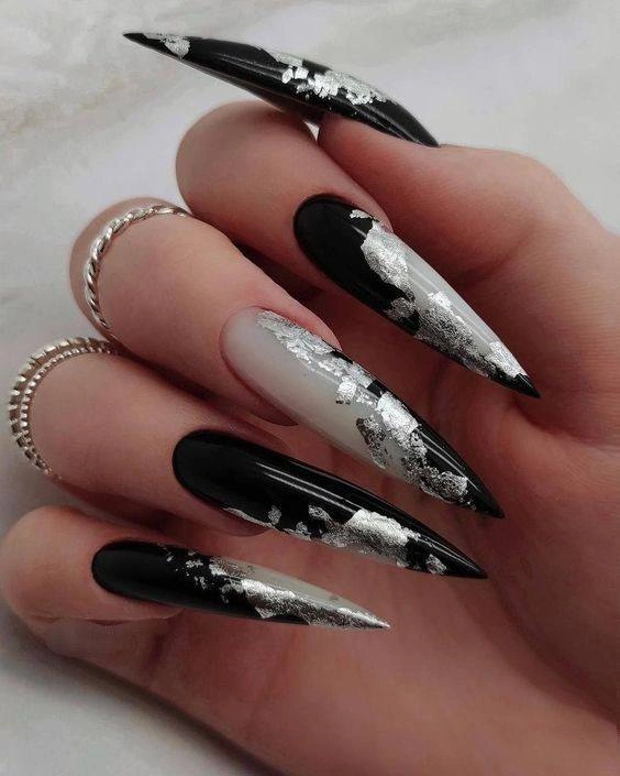 Black and White Stiletto Nails with Silver Foil