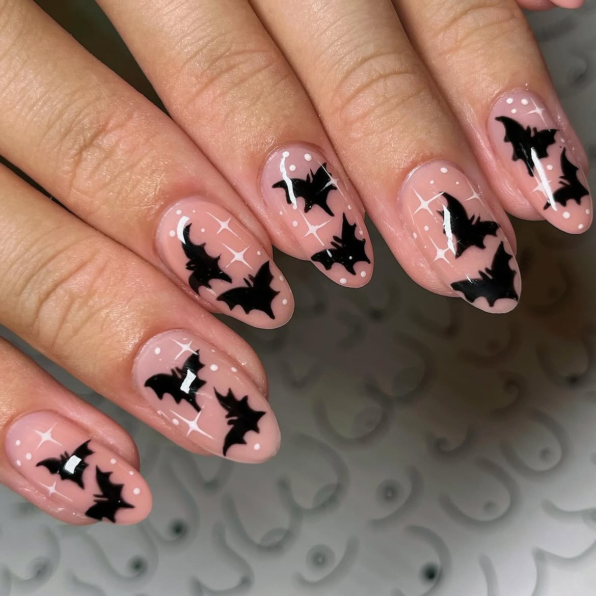 Black Bat Halloween Oval Nails with Sparkle Accents