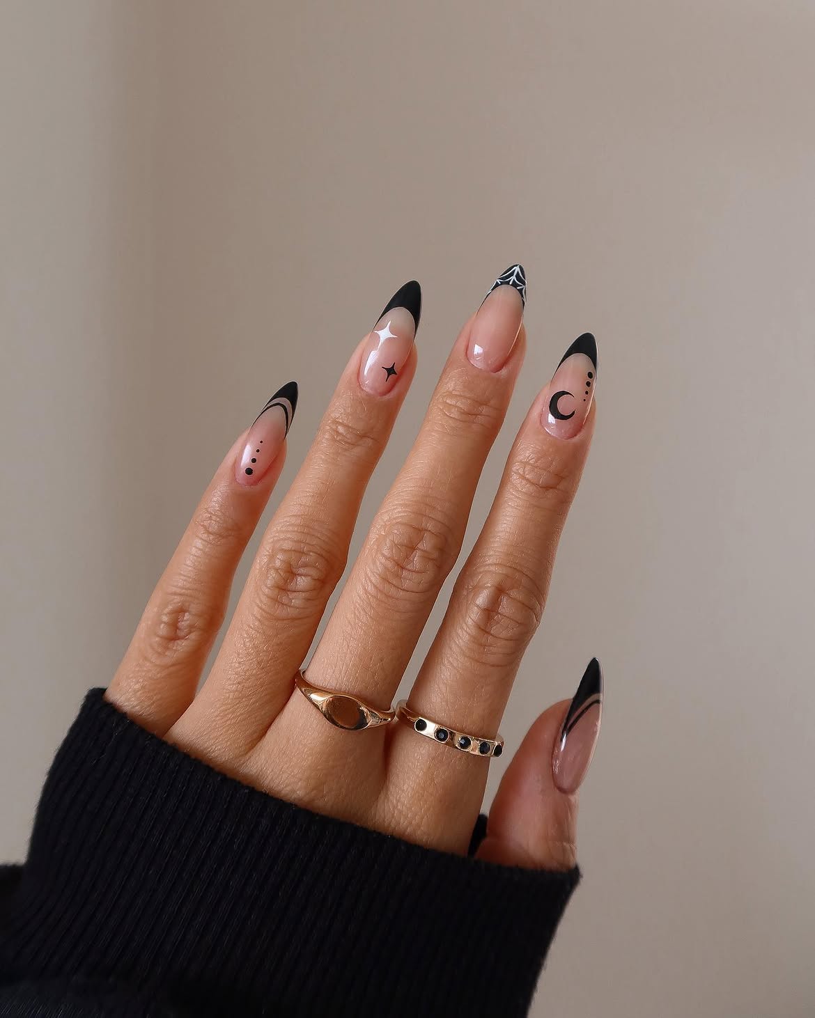 Black Celestial Almond French Tip Nails