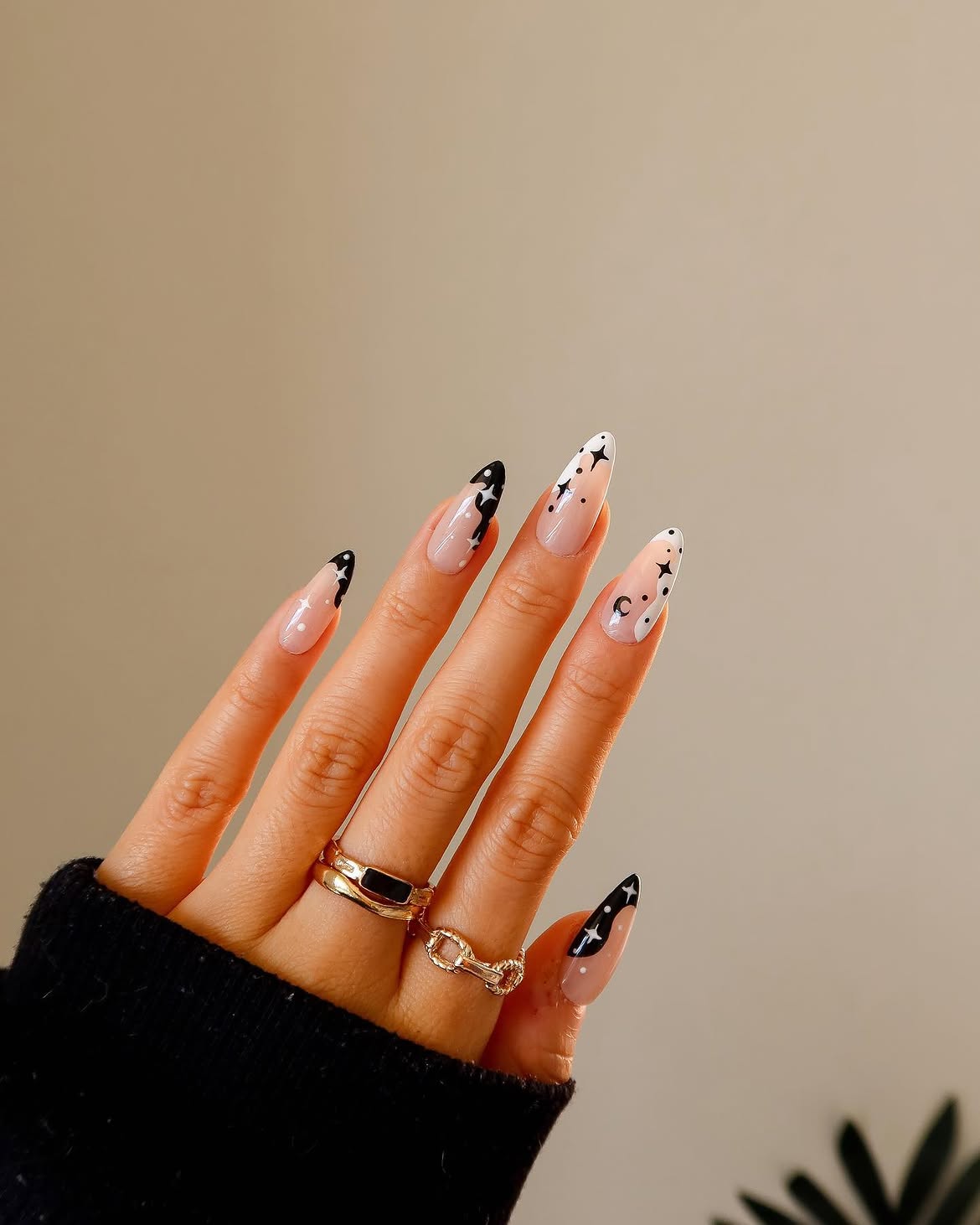 Black Celestial French Tip Almond Nails