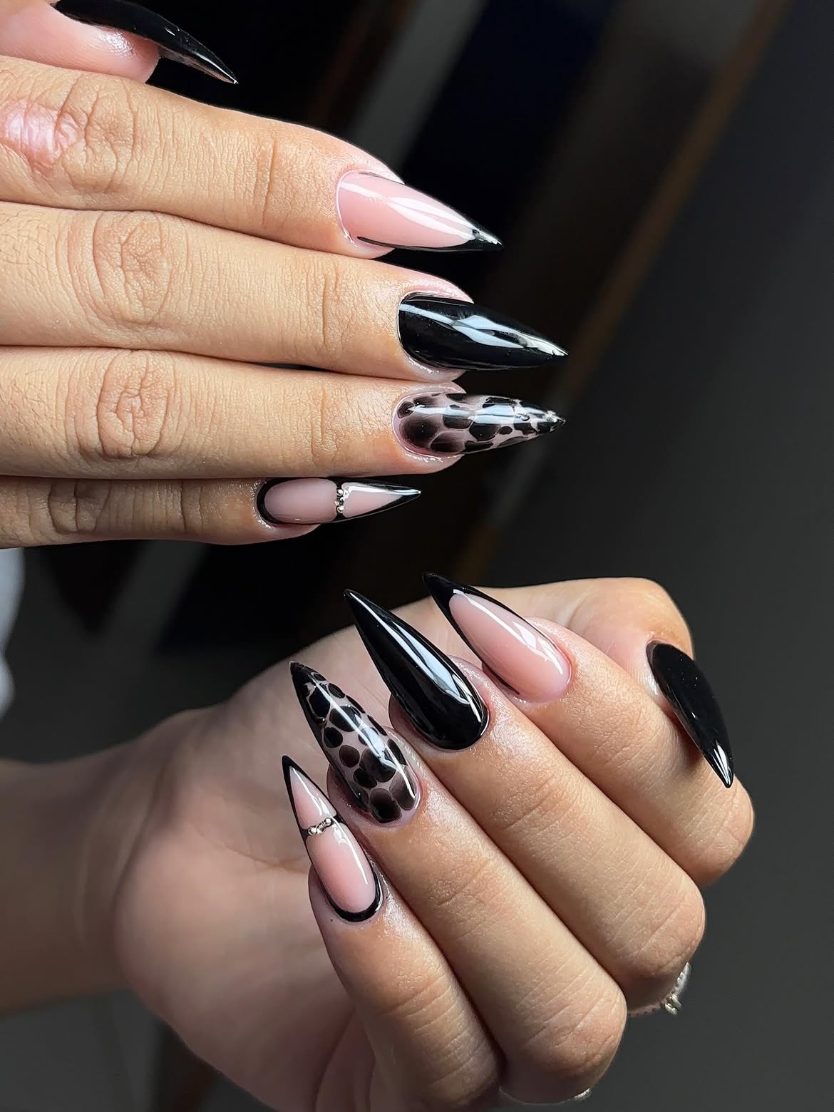 Black French Tip & Leopard Stiletto Nails