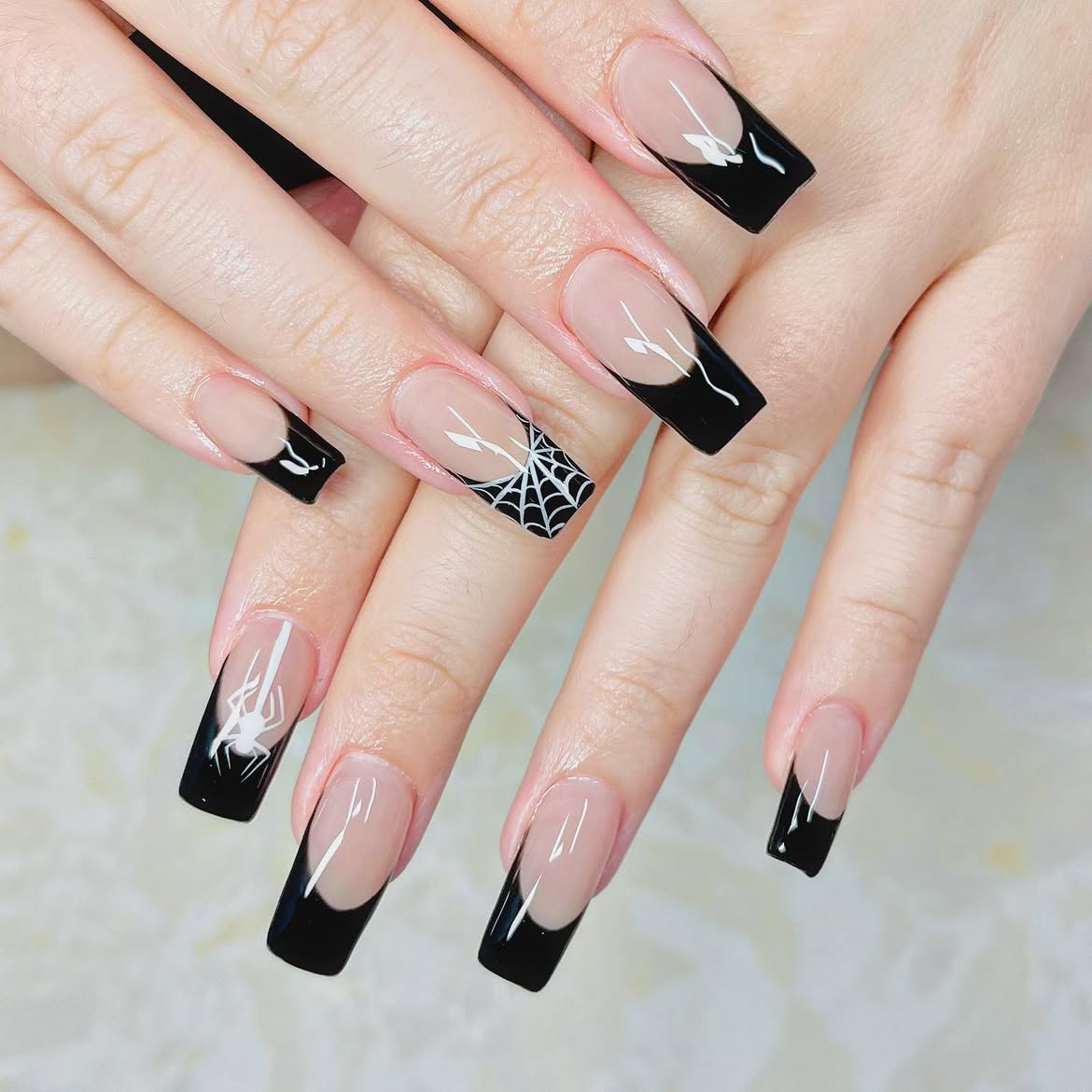 Black French Tip Spiderweb Halloween Nails