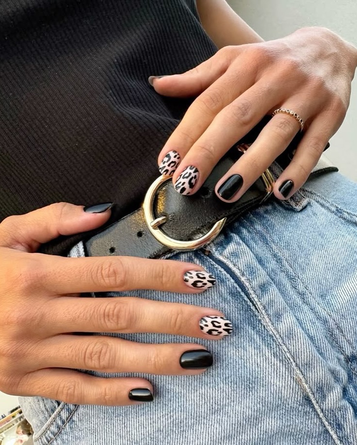 Black Glossy Nails with Leopard Print Accents