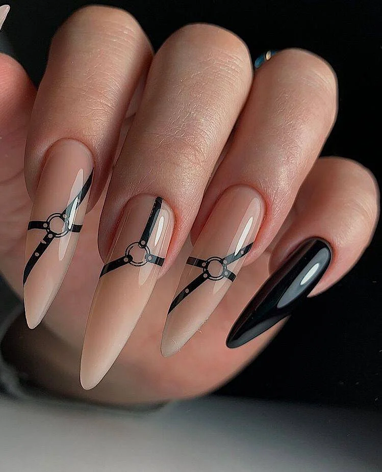 Black Harness Detail Nude Stiletto Nails