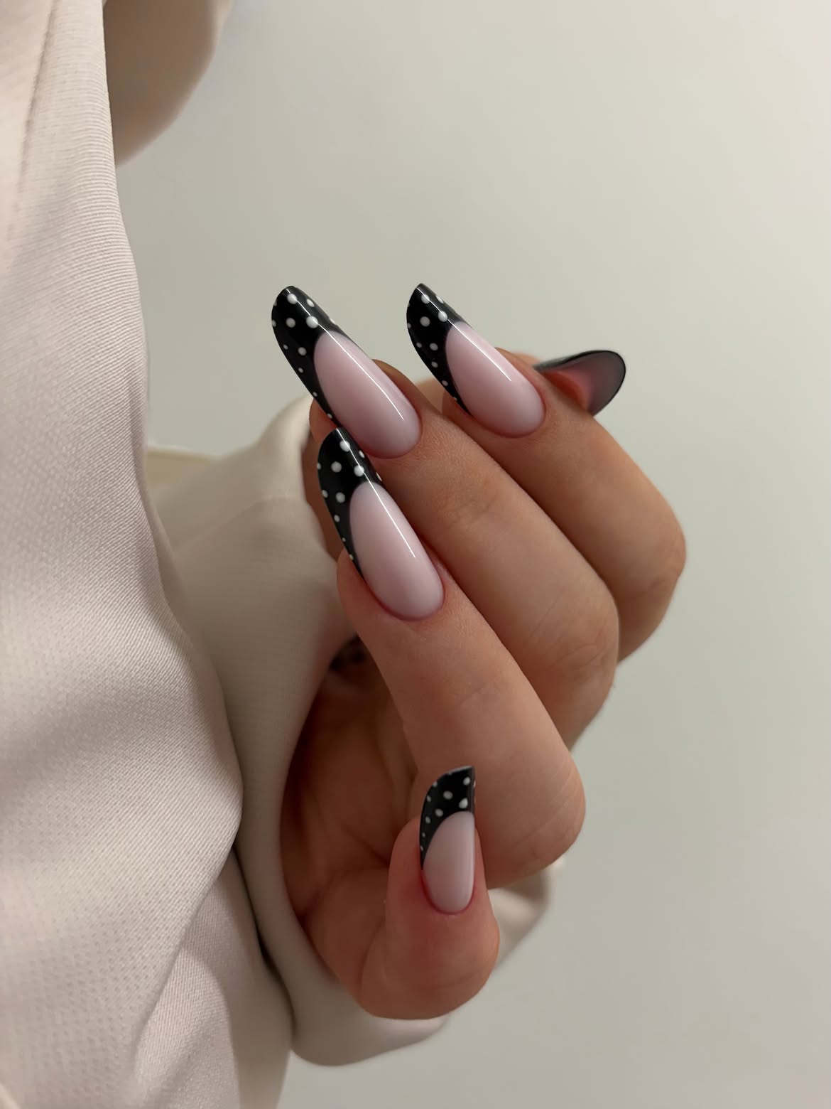 Black Polka Dot French Tip Almond Nails