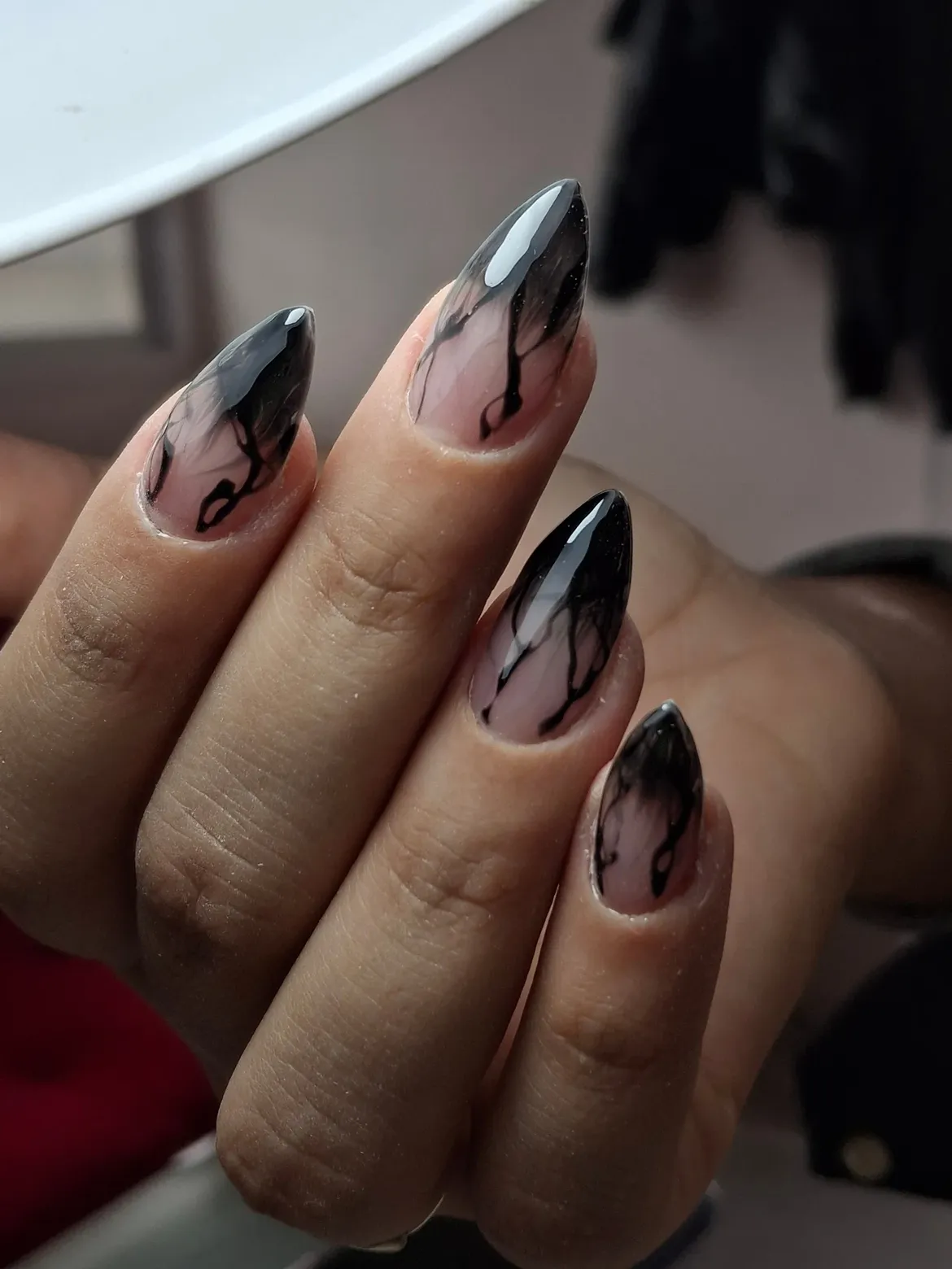 Black Smoke Effect Almond Glossy Nails