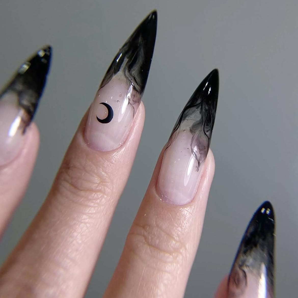 Black Smoke Stiletto Nails with Moon Accents