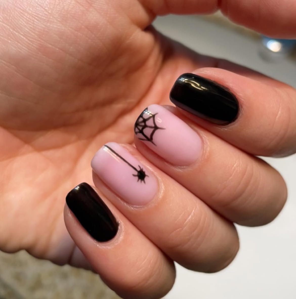 Black Spiderweb and Spider Halloween Nails