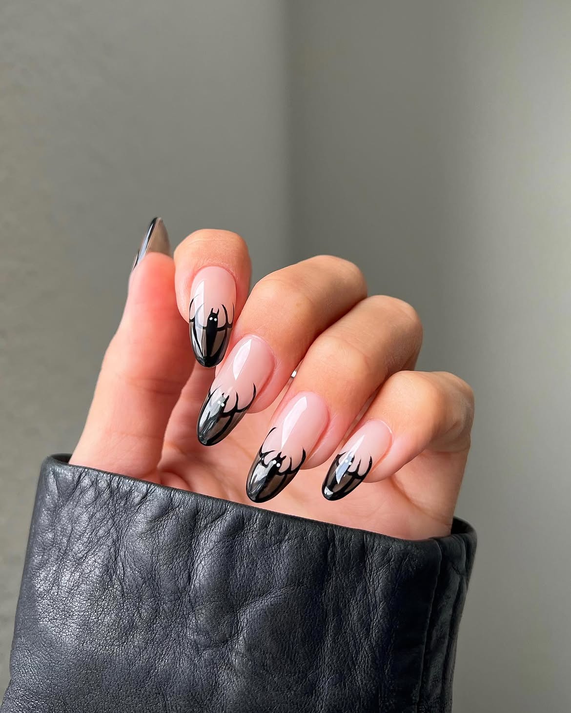 Black Spiderweb French Tip Almond Nails