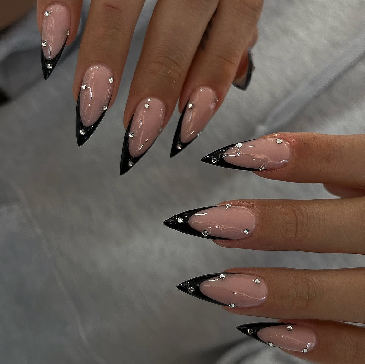 Black V-Cut French Stiletto Nails with Rhinestones