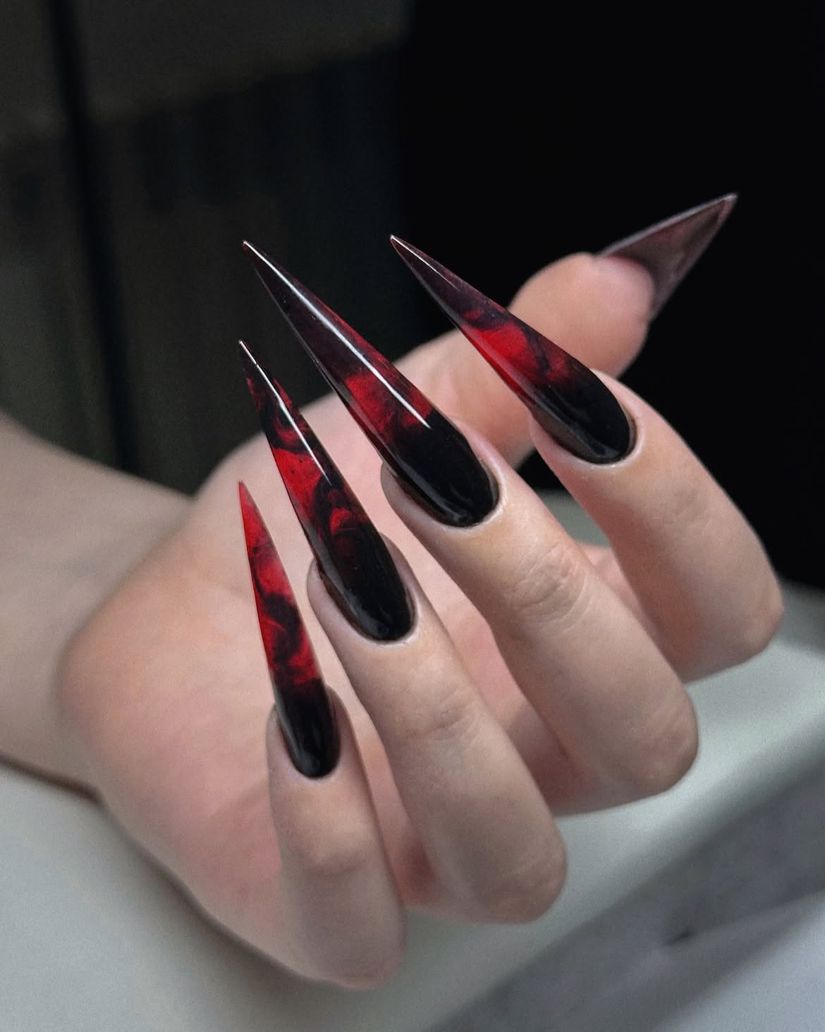 Blood Red Swirl Stiletto Nails