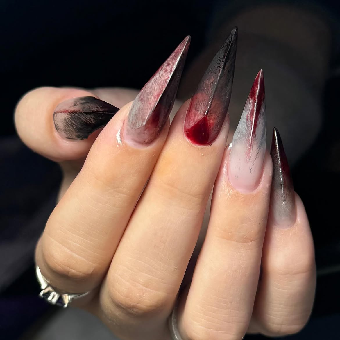 Bloody Feather Detail Stiletto Nails