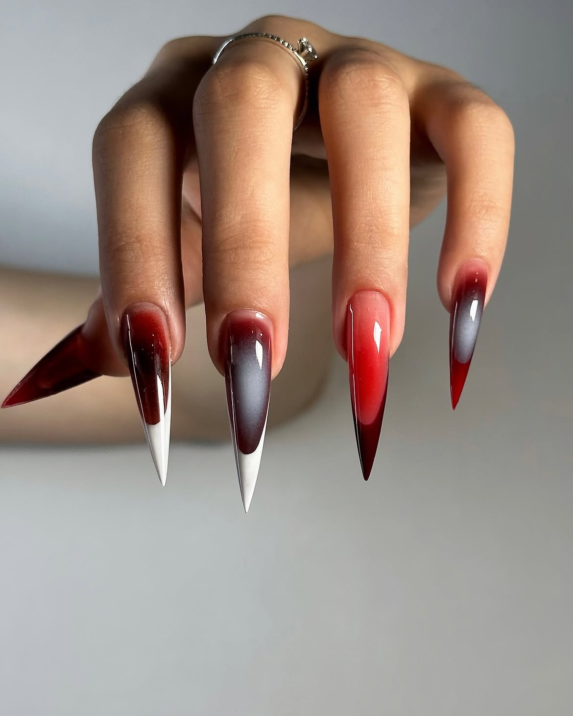 Bloody Ombre Stiletto French Tip Nails