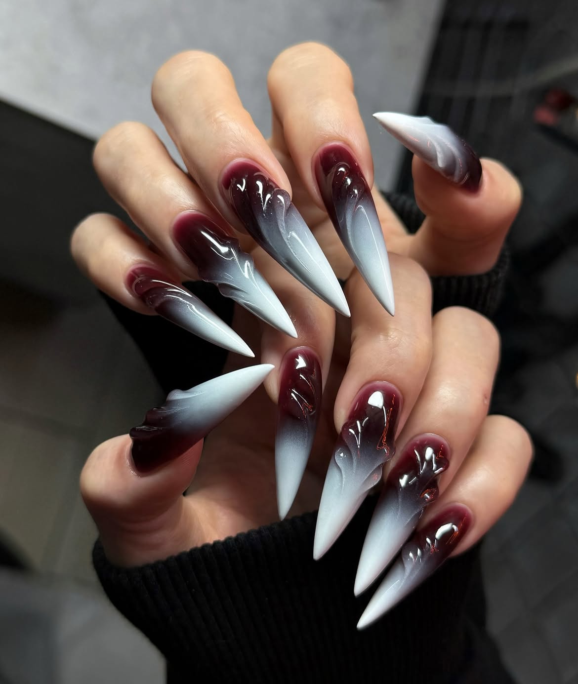 Bloody Ombre Stiletto Gel Nails