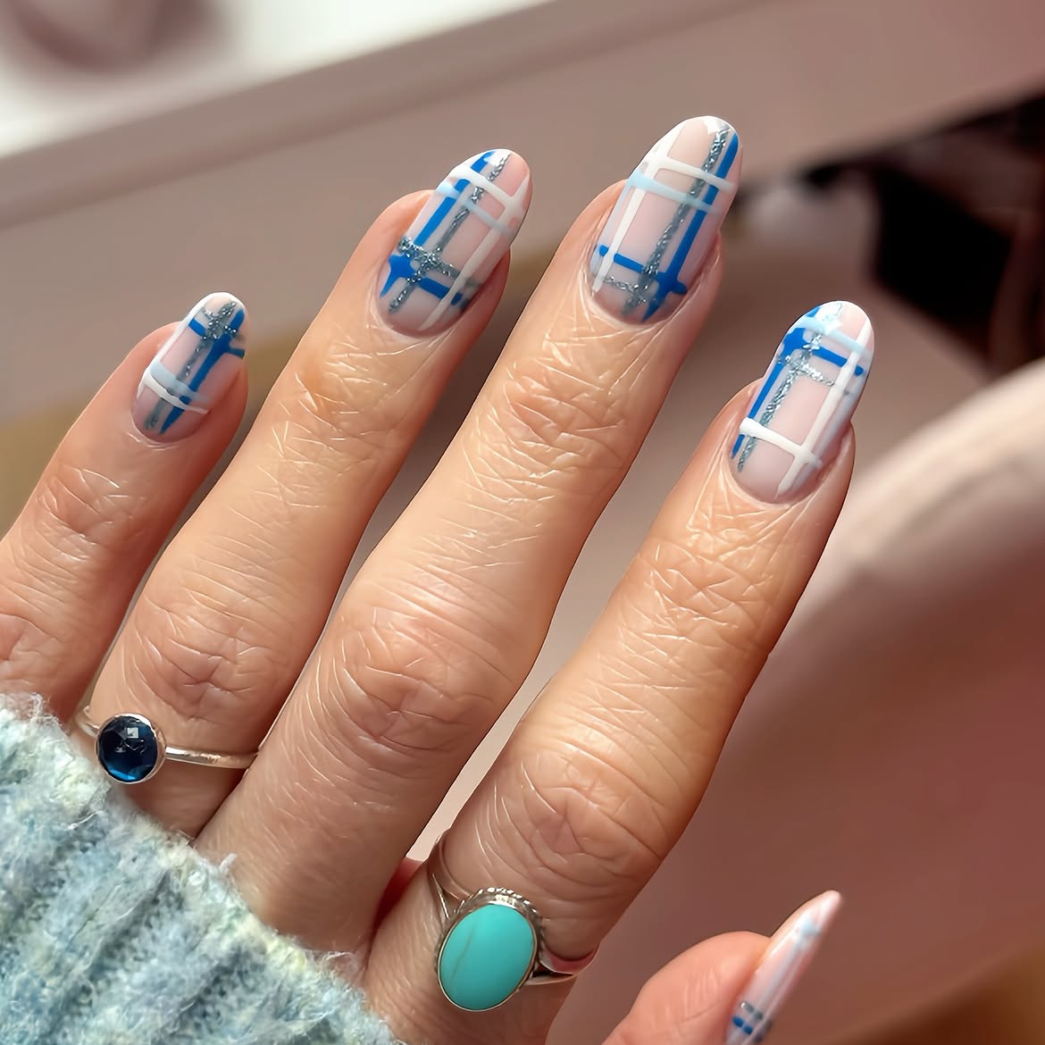 Blue and Silver Plaid Almond Nails