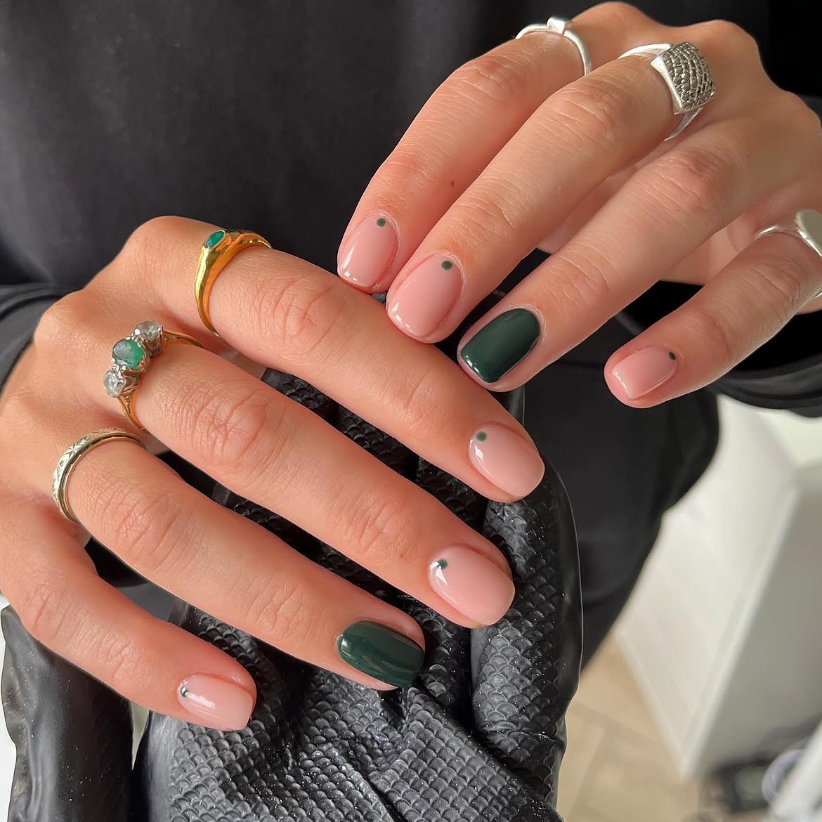 Blush Pink & Forest Green Dot Accent Nails