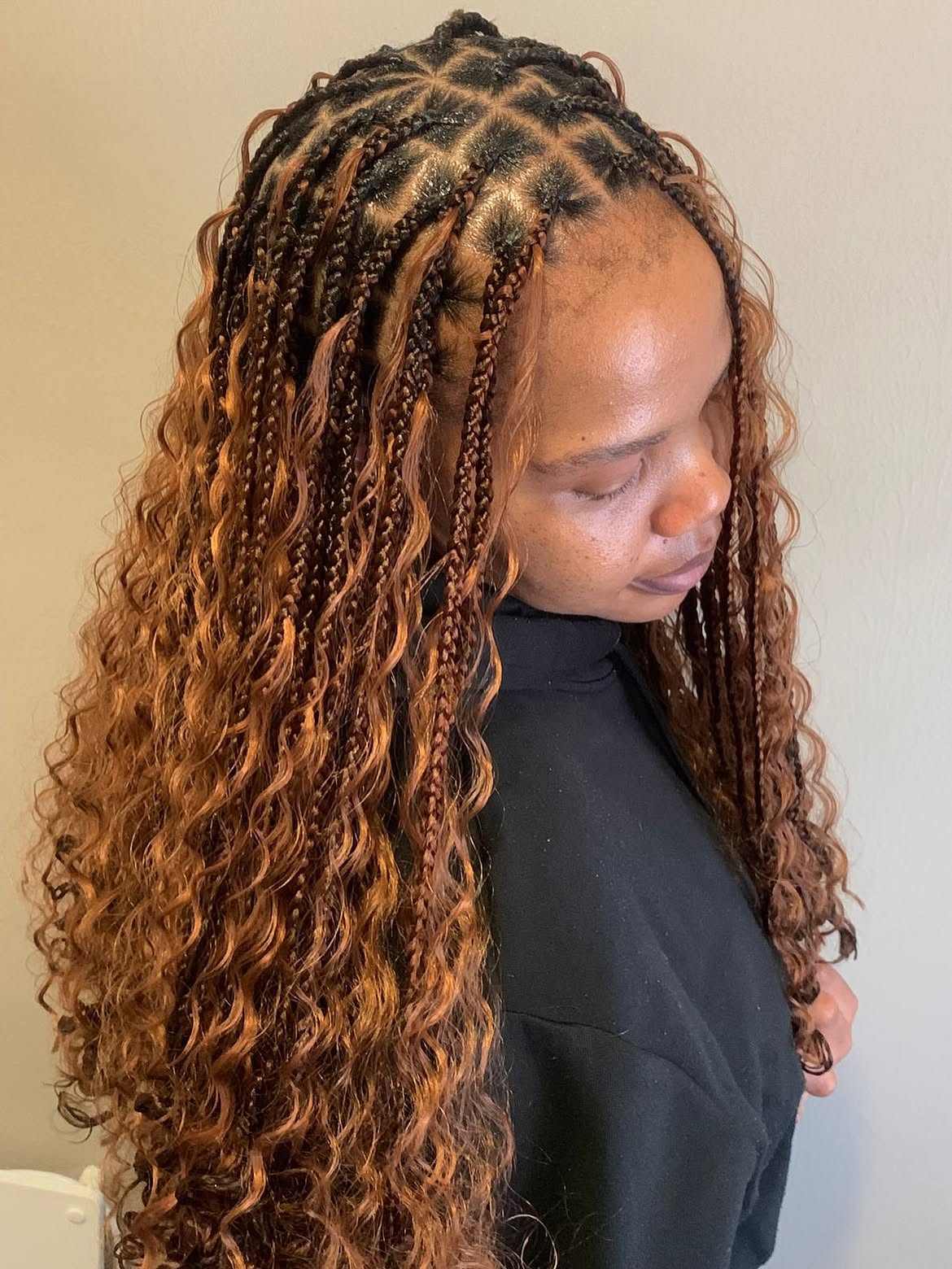 Boho Knotless Braids With Deep Copper Waves