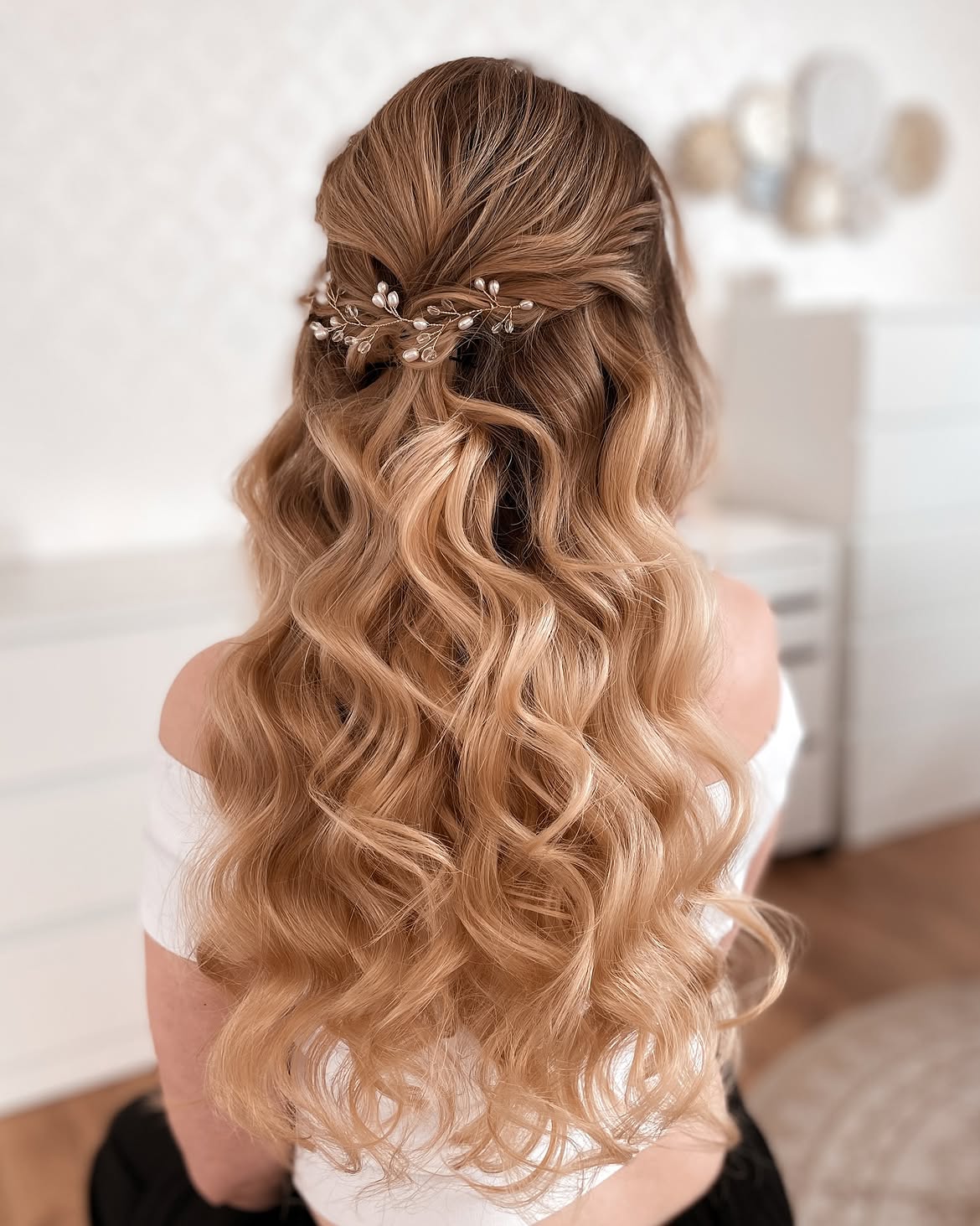 Braided Half Up Half Down With Pearl Hair Vine
