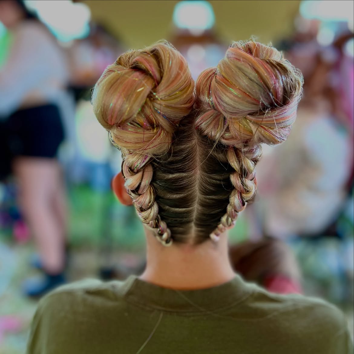 Braided Space Buns With Iridescent Hair Tinsel