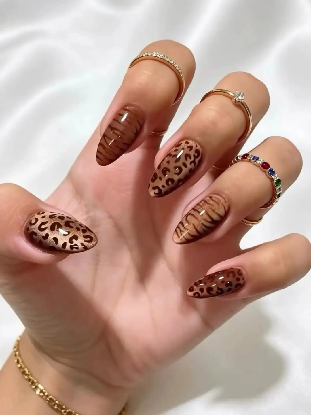 Brown Animal Print Almond Nails