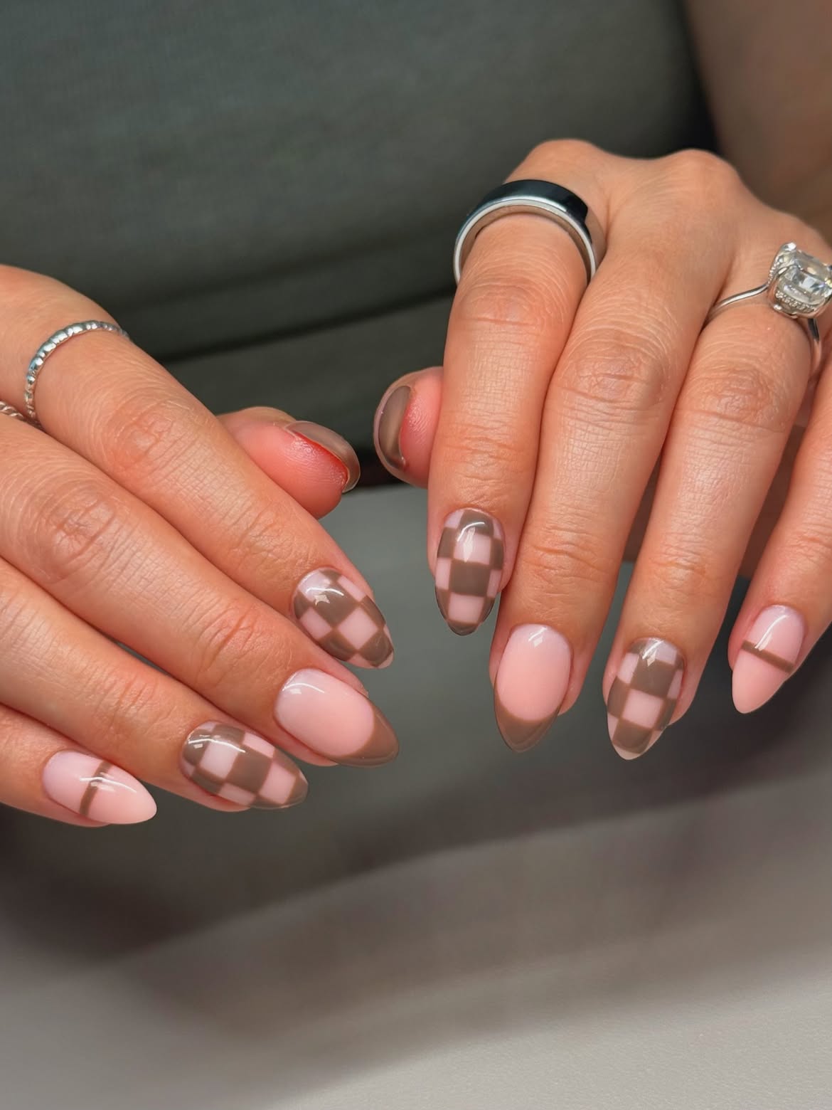 Brown Checkerboard French Tip Almond Nails