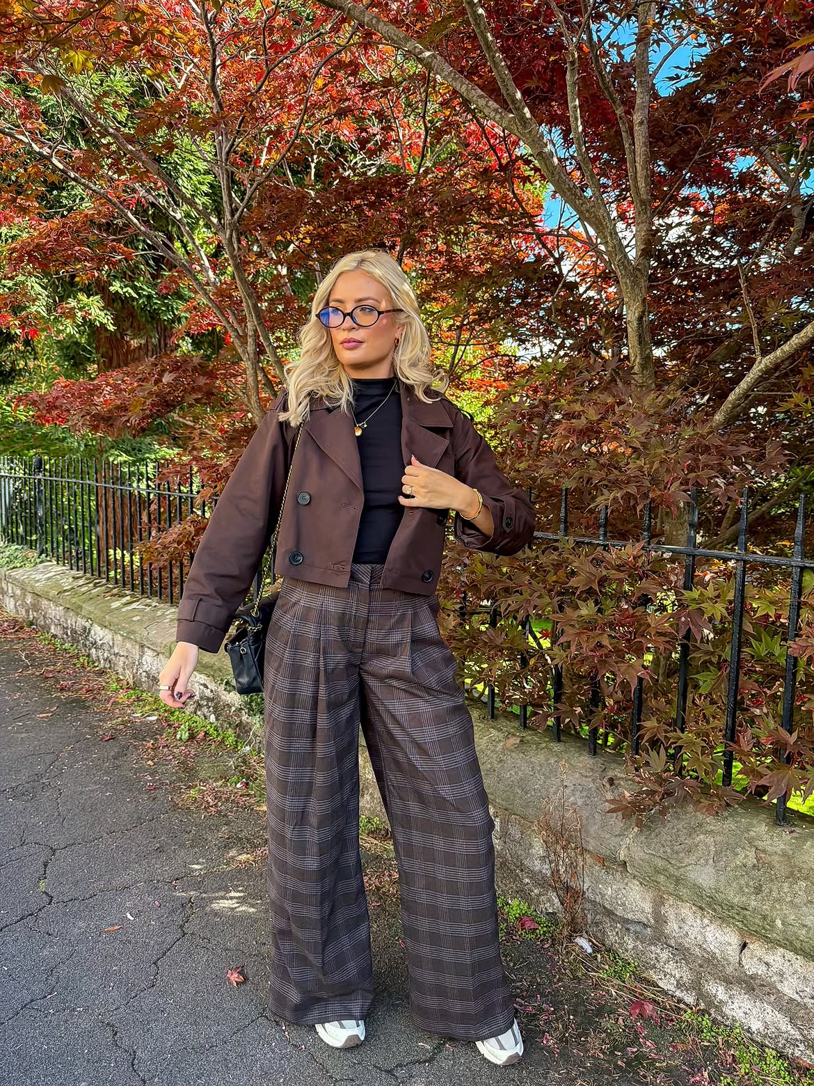 Brown Cropped Blazer With Plaid Wide-Leg Pants