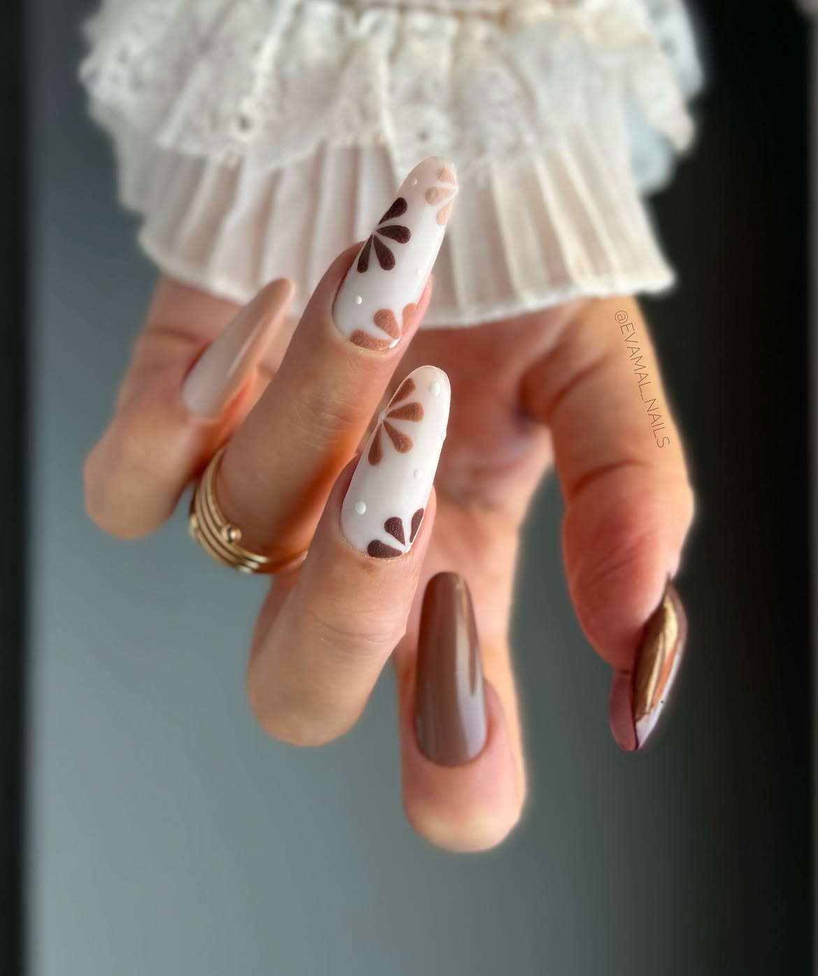 Brown Floral Swirl French Tip Coffin Nails
