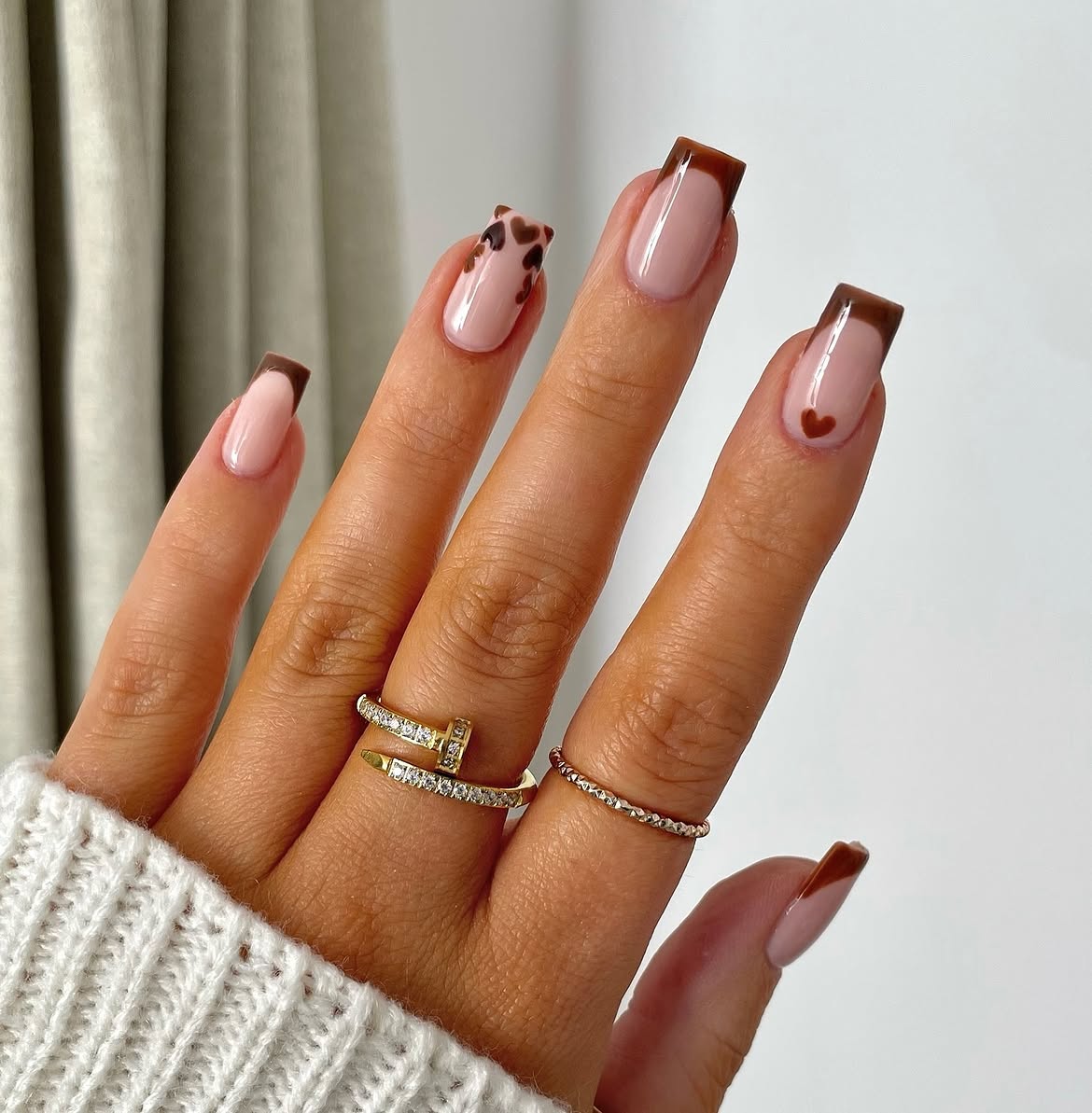 Brown French Tip Coffin Nails with Heart Detail