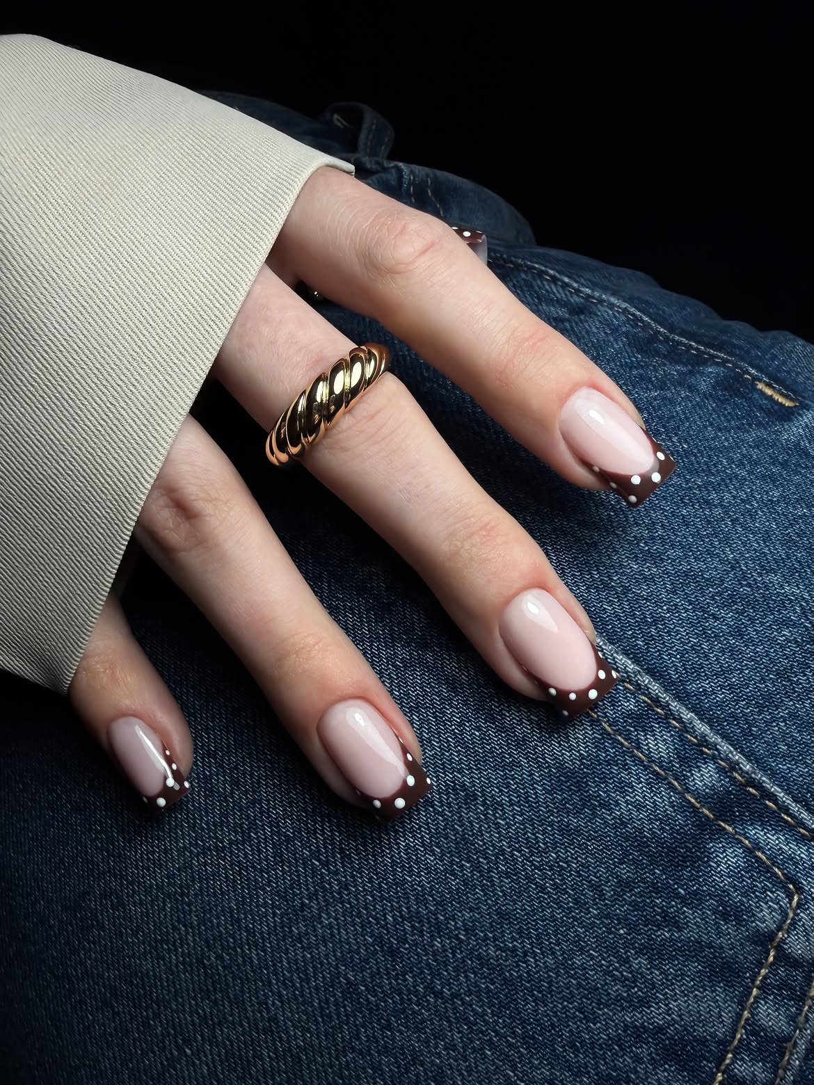 Brown French Tips With White Polka Dots