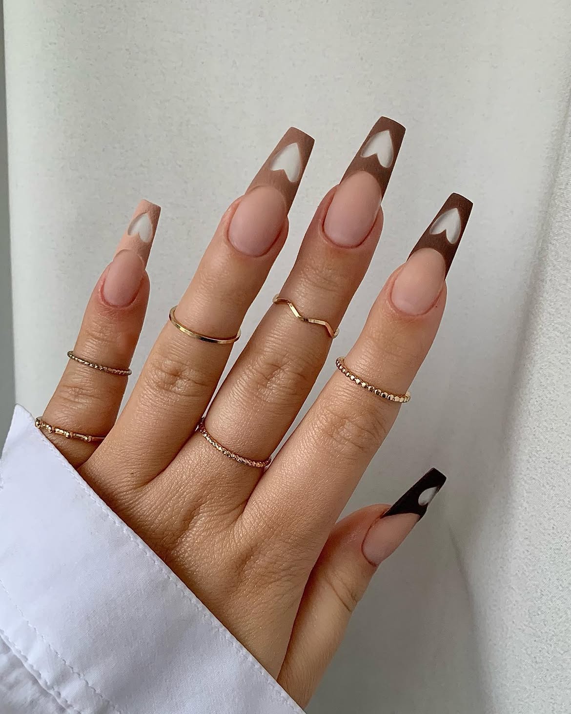 Brown Heart French Tip Coffin Nails