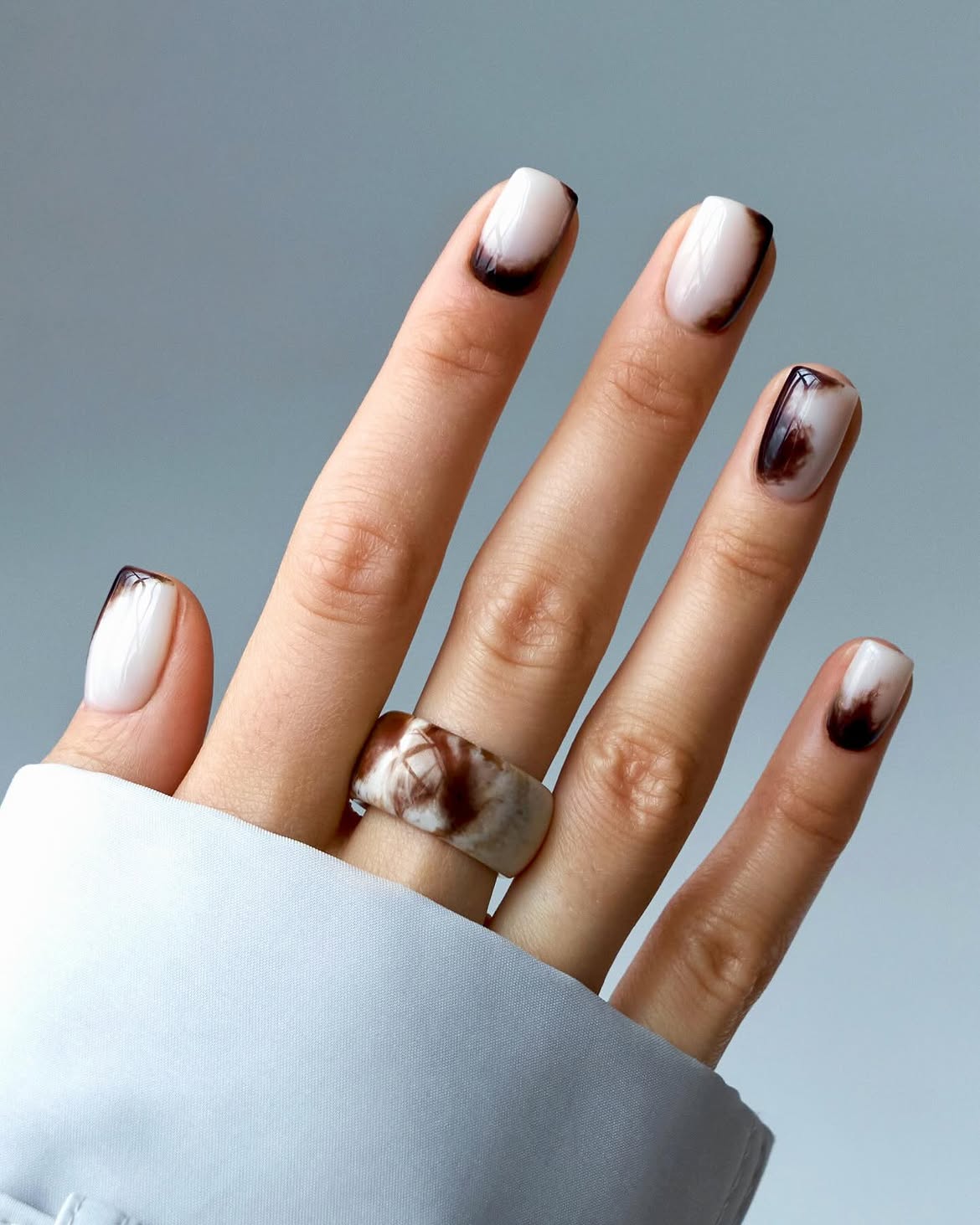 Brown Marble French Tip Short Squoval Nails