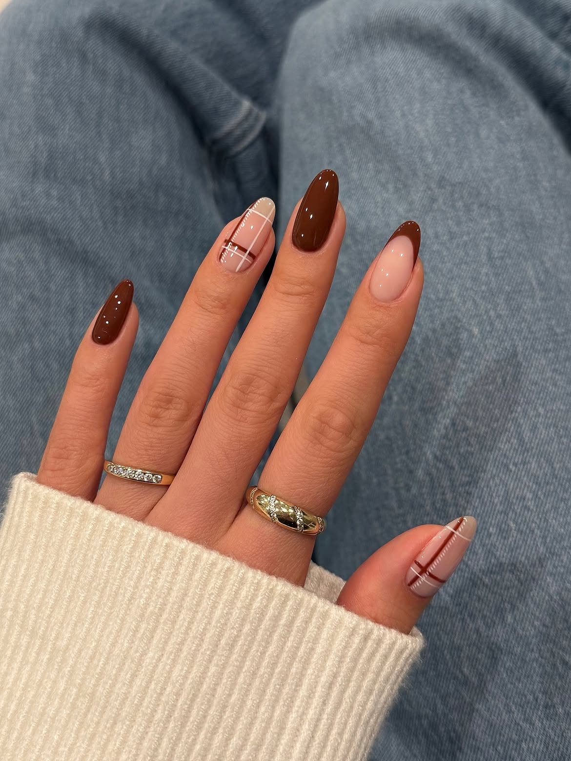 Brown Plaid French Tip Almond Nails